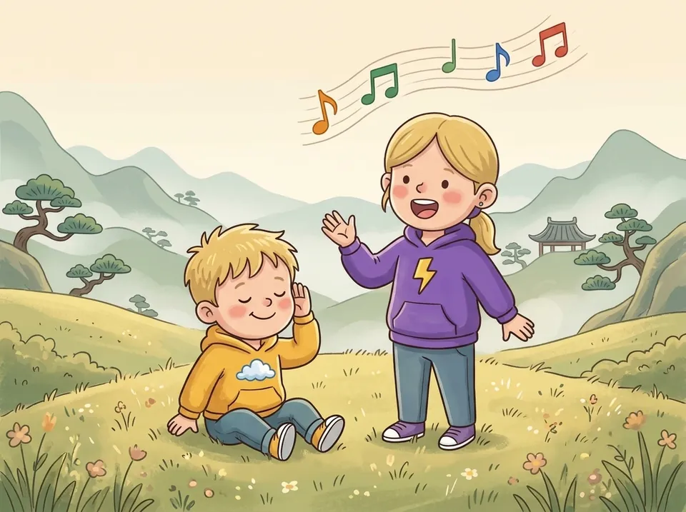 A girl in a purple hoodie sings while her little brother in a yellow hoodie listens with his eyes closed; music notes in orange, green, blue and red float above them