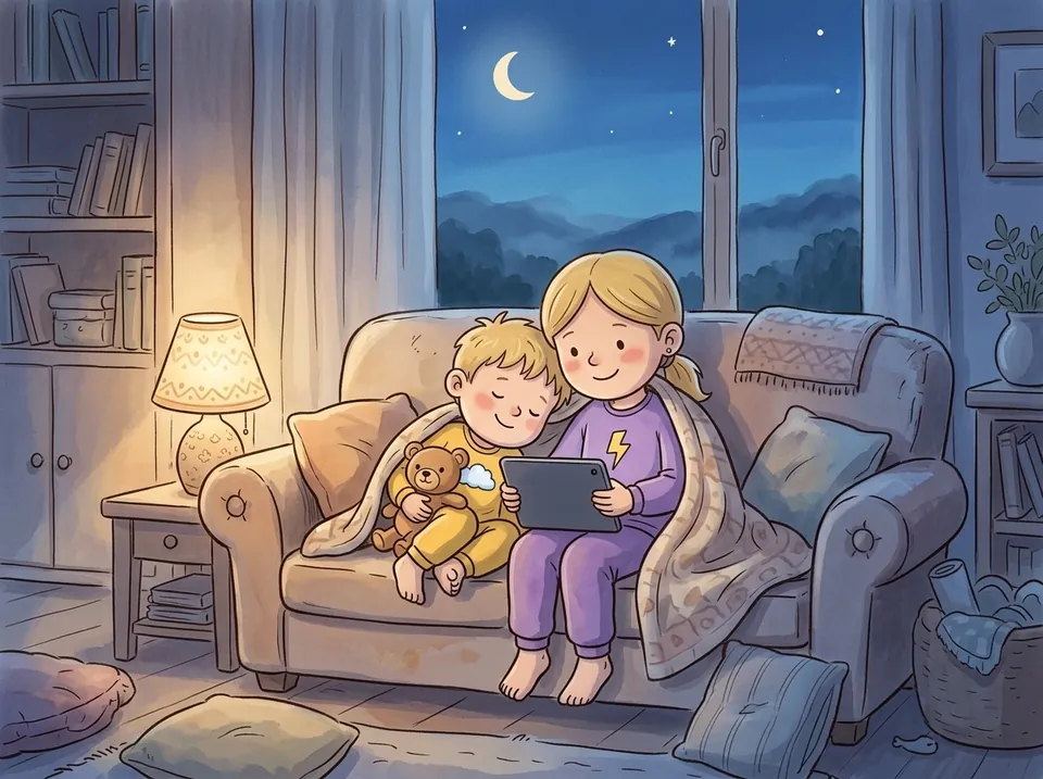 Two children in pyjamas on the sofa in the evening, watching a tablet together by the light of a small lamp
