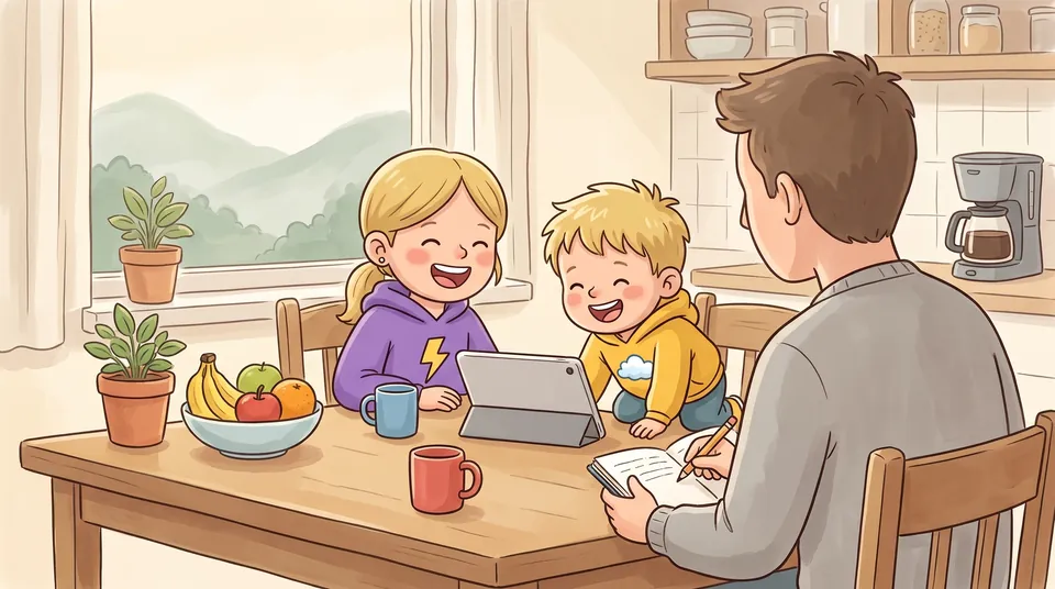 A dad and his two children at the kitchen table, laughing together at a tablet; the dad holds a notebook and a pencil