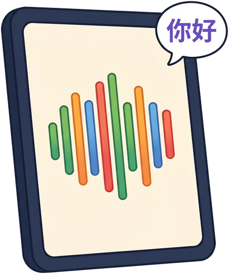 A tablet with a colourful voice wave and a speech bubble saying 你好