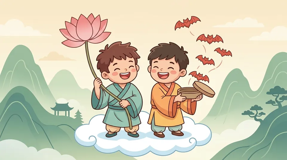 和合二仙 — the Two Immortals of Harmony and Union, with a lotus and a box